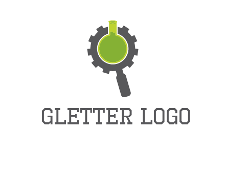 flask inside gear magnifying glass research engineering logo