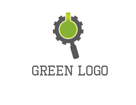 flask inside gear magnifying glass research engineering logo