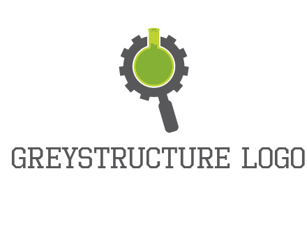 flask inside gear magnifying glass research engineering logo