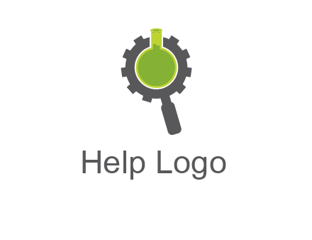 flask inside gear magnifying glass research engineering logo