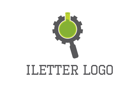 flask inside gear magnifying glass research engineering logo