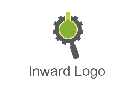 flask inside gear magnifying glass research engineering logo