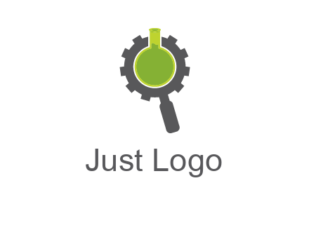flask inside gear magnifying glass research engineering logo