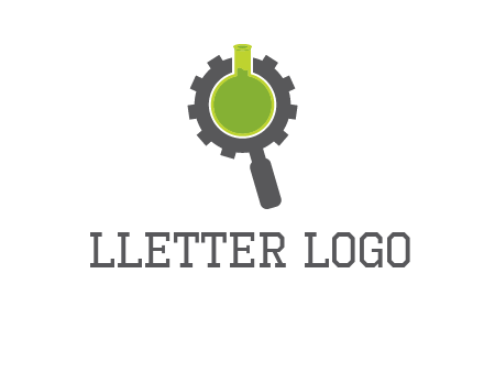 flask inside gear magnifying glass research engineering logo