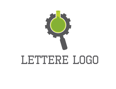 flask inside gear magnifying glass research engineering logo