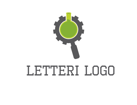 flask inside gear magnifying glass research engineering logo