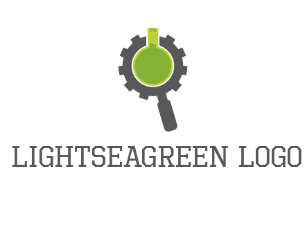 flask inside gear magnifying glass research engineering logo