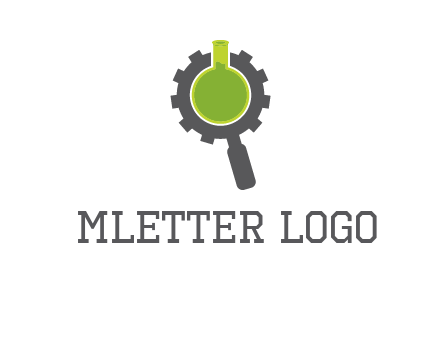 flask inside gear magnifying glass research engineering logo