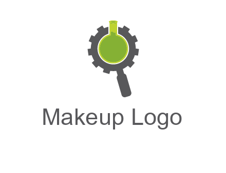flask inside gear magnifying glass research engineering logo