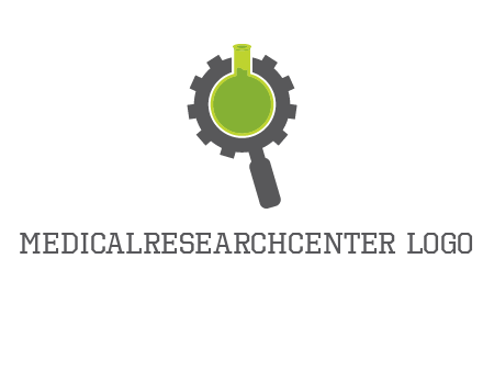 flask inside gear magnifying glass research engineering logo