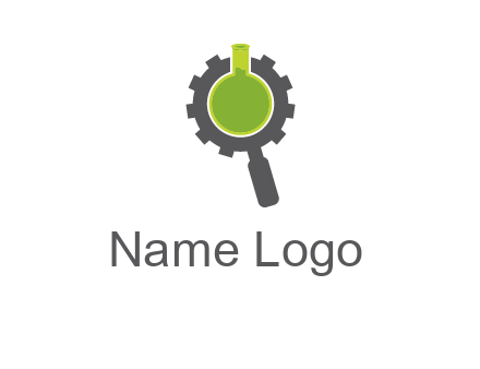 flask inside gear magnifying glass research engineering logo