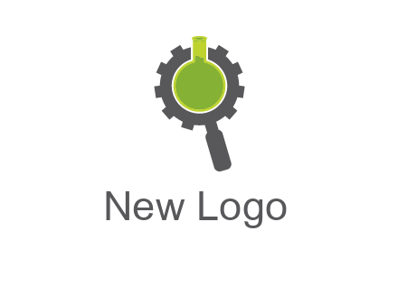 flask inside gear magnifying glass research engineering logo