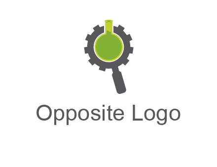 flask inside gear magnifying glass research engineering logo