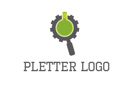 flask inside gear magnifying glass research engineering logo