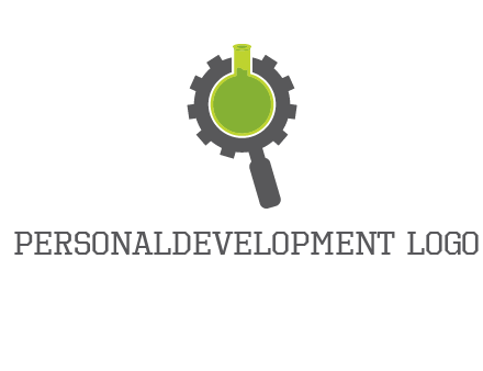 flask inside gear magnifying glass research engineering logo