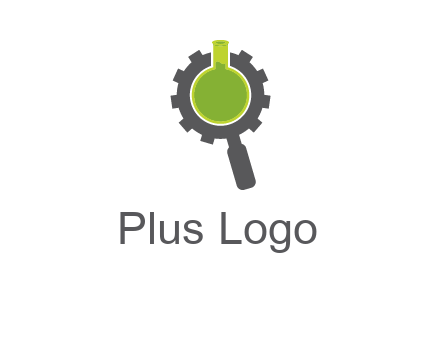flask inside gear magnifying glass research engineering logo