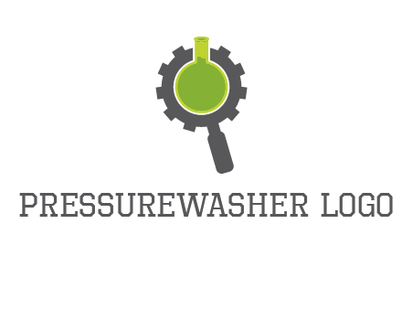 flask inside gear magnifying glass research engineering logo
