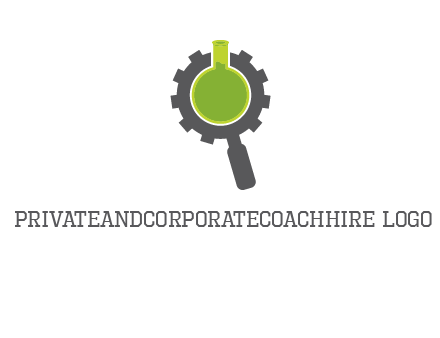 flask inside gear magnifying glass research engineering logo
