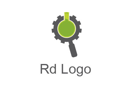 flask inside gear magnifying glass research engineering logo