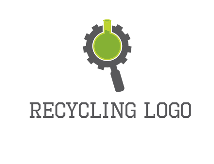 flask inside gear magnifying glass research engineering logo