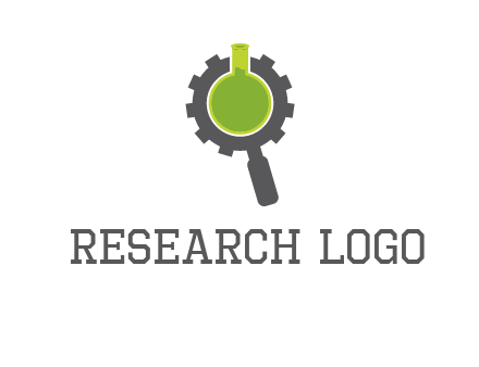 flask inside gear magnifying glass research engineering logo