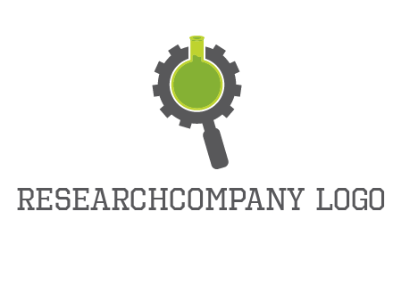 flask inside gear magnifying glass research engineering logo