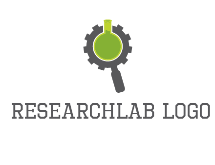 flask inside gear magnifying glass research engineering logo