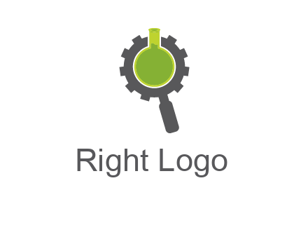 flask inside gear magnifying glass research engineering logo