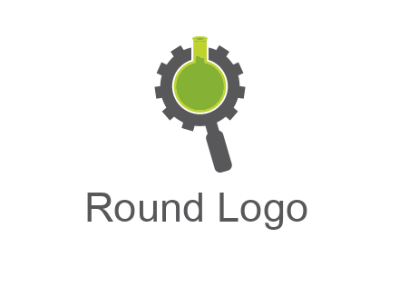 flask inside gear magnifying glass research engineering logo