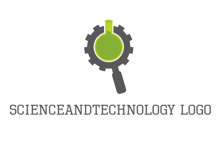 flask inside gear magnifying glass research engineering logo