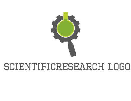 flask inside gear magnifying glass research engineering logo