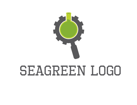 flask inside gear magnifying glass research engineering logo