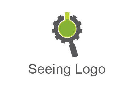 flask inside gear magnifying glass research engineering logo