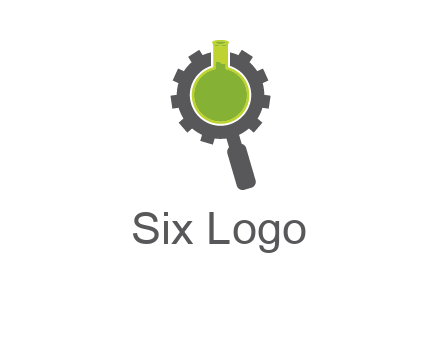 flask inside gear magnifying glass research engineering logo