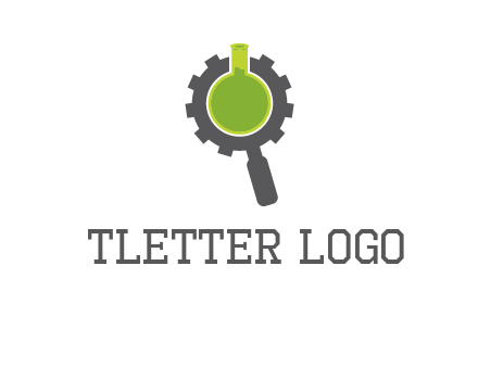 flask inside gear magnifying glass research engineering logo