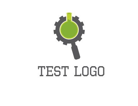 flask inside gear magnifying glass research engineering logo