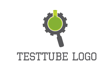 flask inside gear magnifying glass research engineering logo