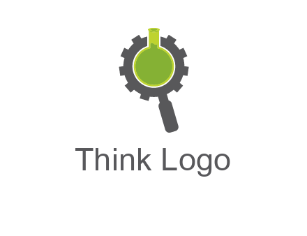 flask inside gear magnifying glass research engineering logo