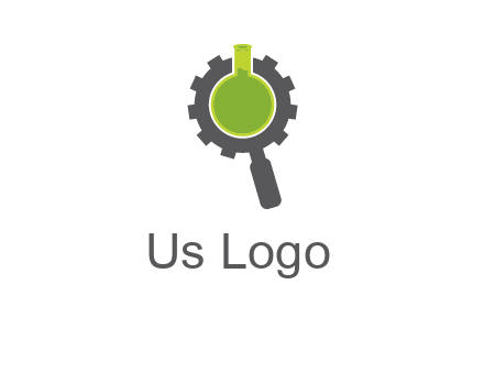 flask inside gear magnifying glass research engineering logo