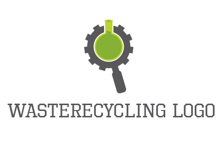 flask inside gear magnifying glass research engineering logo