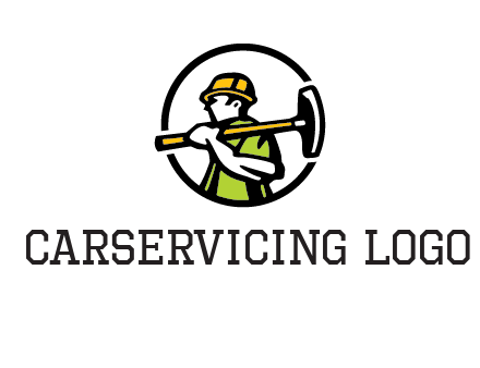 outline man holding axe in circle construction logo