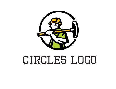 outline man holding axe in circle construction logo