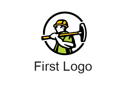 outline man holding axe in circle construction logo