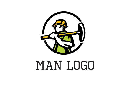 outline man holding axe in circle construction logo
