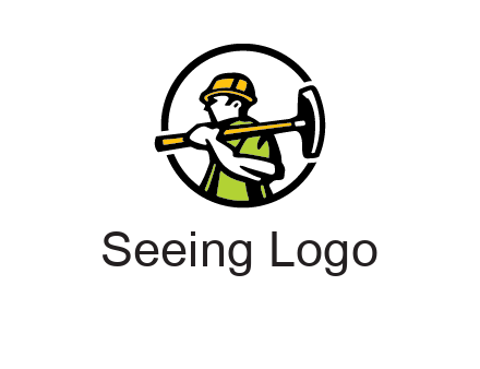 outline man holding axe in circle construction logo