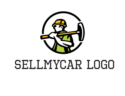 outline man holding axe in circle construction logo