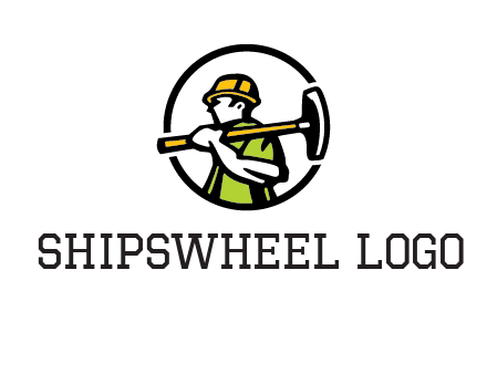 outline man holding axe in circle construction logo