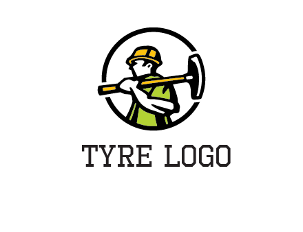 outline man holding axe in circle construction logo
