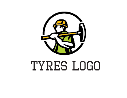 outline man holding axe in circle construction logo