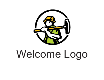 outline man holding axe in circle construction logo